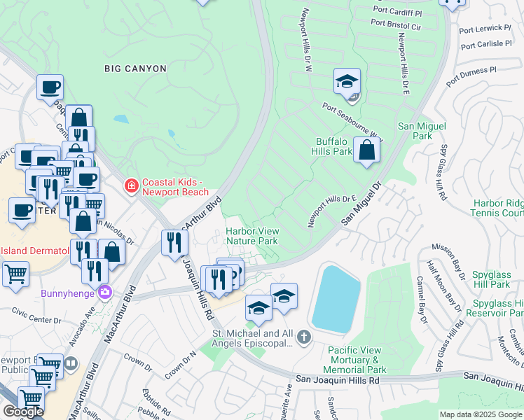 map of restaurants, bars, coffee shops, grocery stores, and more near 1836 Port Stanhope Place in Newport Beach