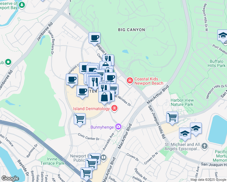 map of restaurants, bars, coffee shops, grocery stores, and more near 520 Newport Center Drive in Newport Beach