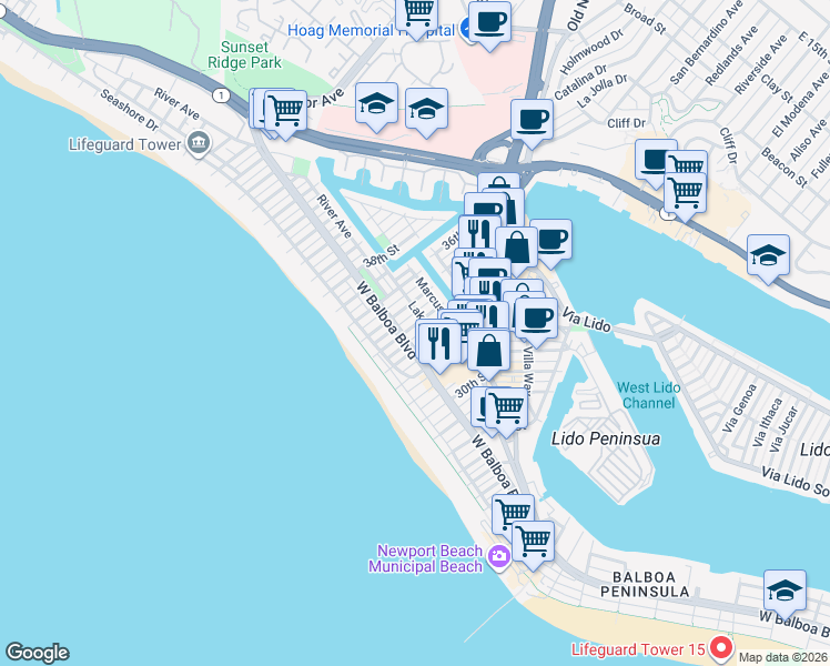 map of restaurants, bars, coffee shops, grocery stores, and more near 223 34th Street in Newport Beach