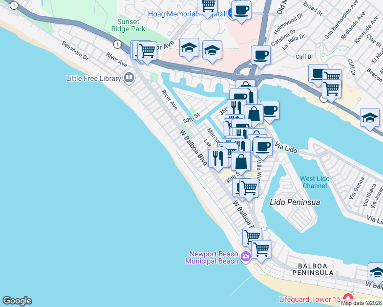 map of restaurants, bars, coffee shops, grocery stores, and more near 124 36th Street in Newport Beach