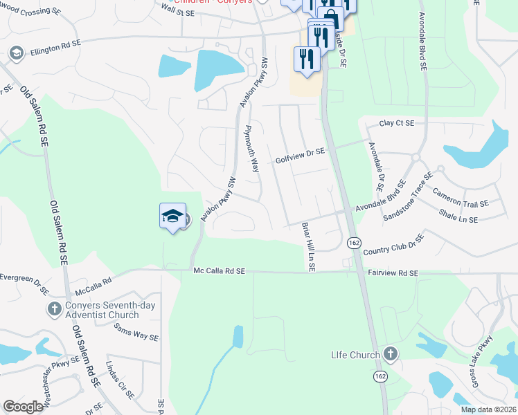 map of restaurants, bars, coffee shops, grocery stores, and more near 2565 Plymouth Way Southeast in Conyers