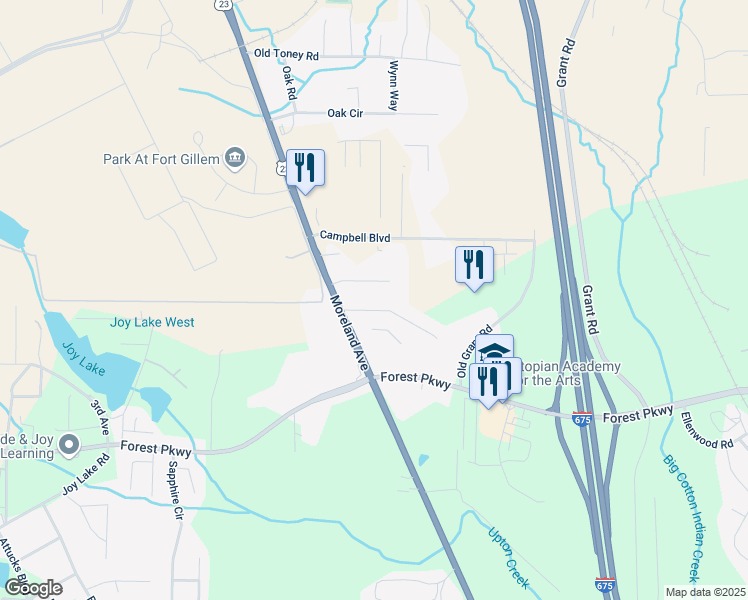 map of restaurants, bars, coffee shops, grocery stores, and more near 2600 Farn Drive in Ellenwood