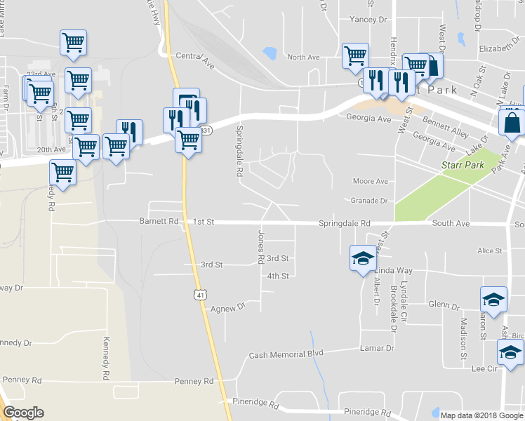 map of restaurants, bars, coffee shops, grocery stores, and more near 5068 Springdale Road in Forest Park