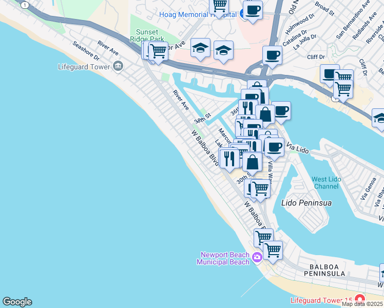 map of restaurants, bars, coffee shops, grocery stores, and more near 3507 Seashore Drive in Newport Beach