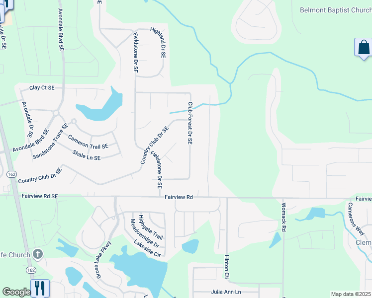 map of restaurants, bars, coffee shops, grocery stores, and more near 2797 Club Forest Drive Southeast in Conyers