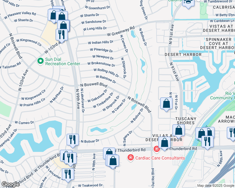 map of restaurants, bars, coffee shops, grocery stores, and more near 9409 West Raintree Drive in Sun City