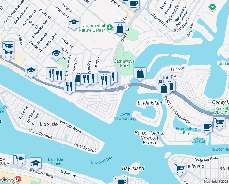 map of restaurants, bars, coffee shops, grocery stores, and more near 15 Pacific Coast Highway in Newport Beach