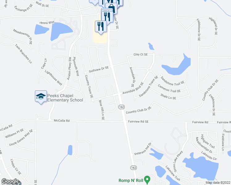 map of restaurants, bars, coffee shops, grocery stores, and more near 2794 Country Court Southeast in Conyers