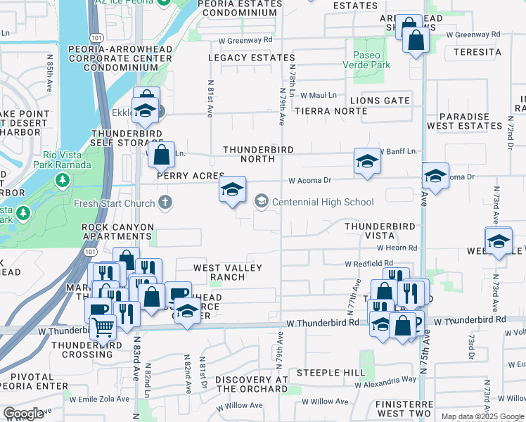 map of restaurants, bars, coffee shops, grocery stores, and more near Centennial High School Driveway in Peoria