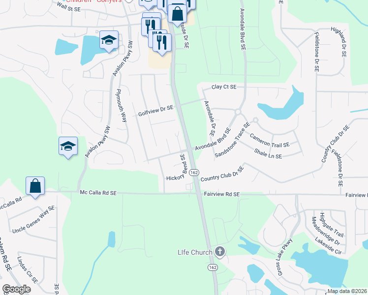 map of restaurants, bars, coffee shops, grocery stores, and more near 2794 Country Court Southeast in Conyers