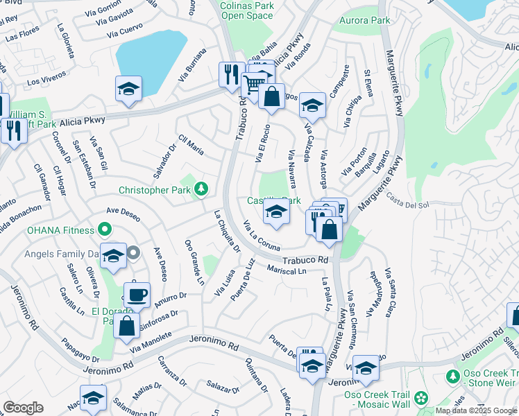 map of restaurants, bars, coffee shops, grocery stores, and more near 23892 Via El Rocio in Mission Viejo
