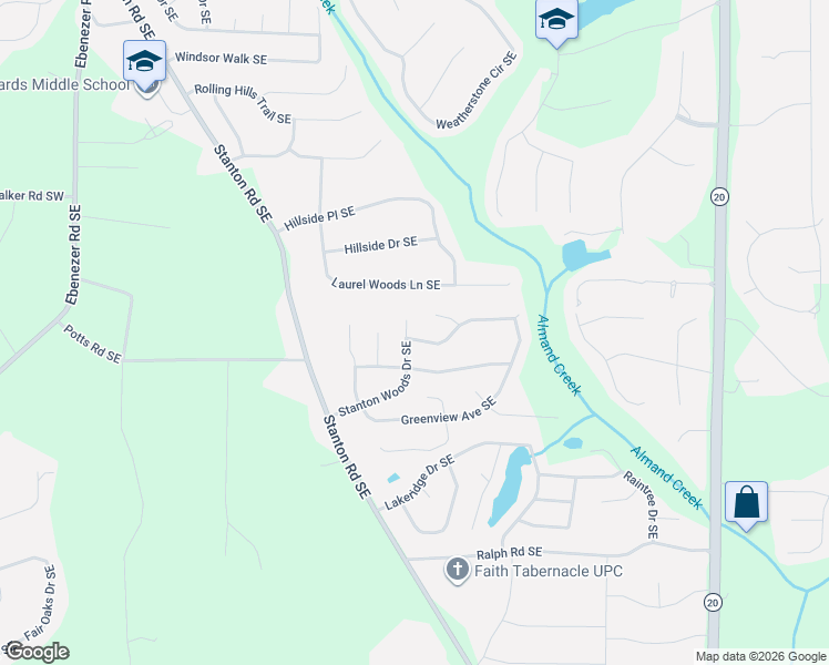 map of restaurants, bars, coffee shops, grocery stores, and more near 570 Pine Ridge Trail Southeast in Conyers