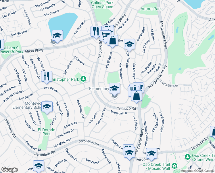 map of restaurants, bars, coffee shops, grocery stores, and more near 23892 Via El Rocio in Mission Viejo