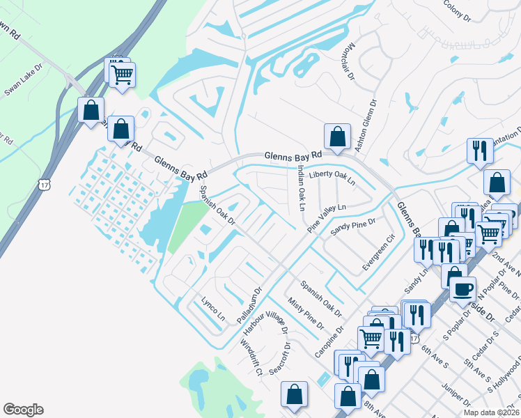 map of restaurants, bars, coffee shops, grocery stores, and more near 117 Wagon Wheel Lane in Surfside Beach