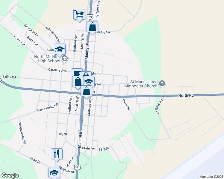 map of restaurants, bars, coffee shops, grocery stores, and more near 8406 Salley Road in North