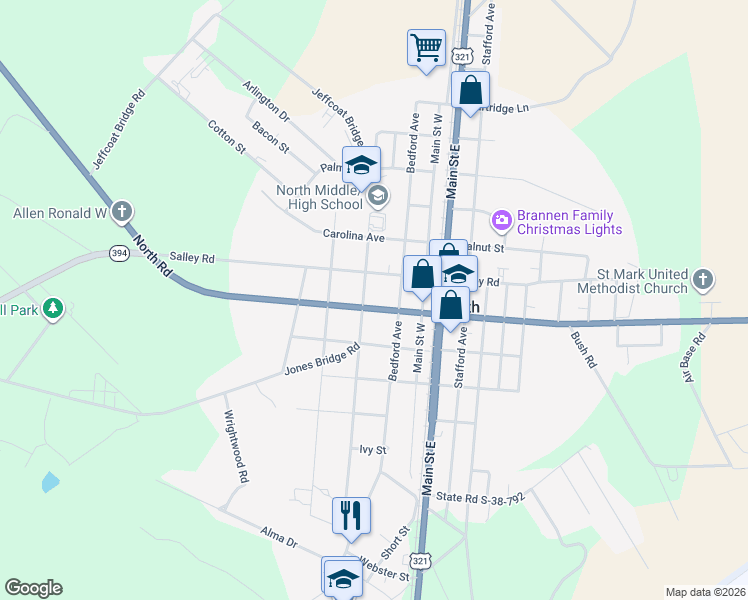 map of restaurants, bars, coffee shops, grocery stores, and more near 7722 Salley Road in North