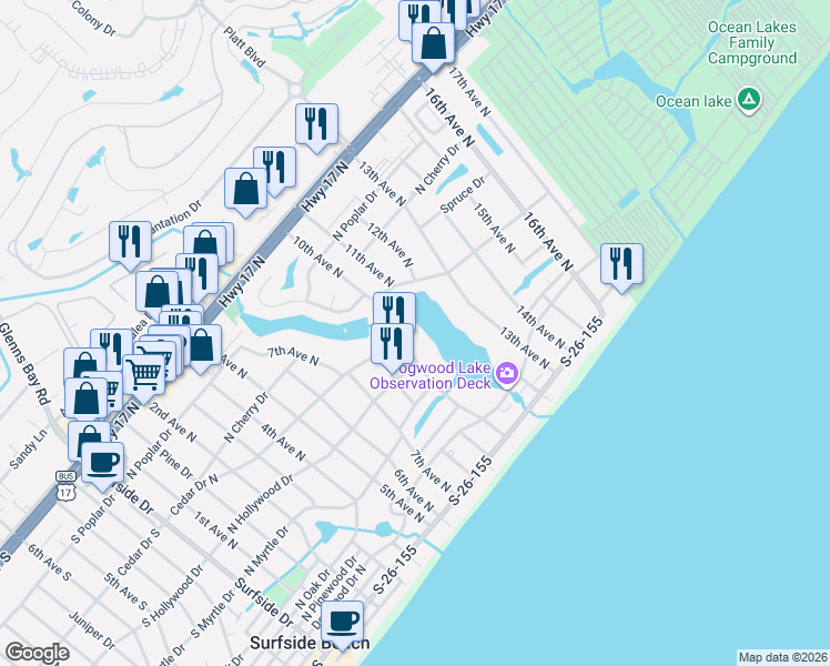 map of restaurants, bars, coffee shops, grocery stores, and more near 616 10th Avenue North in Myrtle Beach