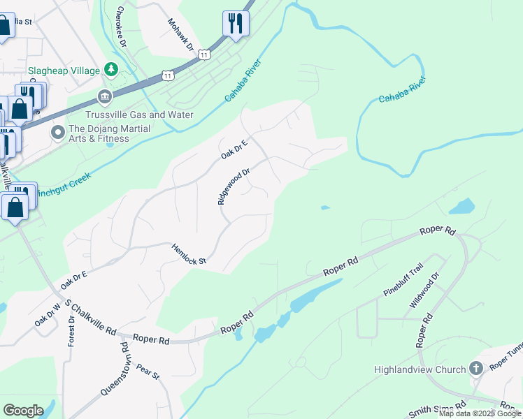 map of restaurants, bars, coffee shops, grocery stores, and more near 6624 Hemlock Street in Trussville