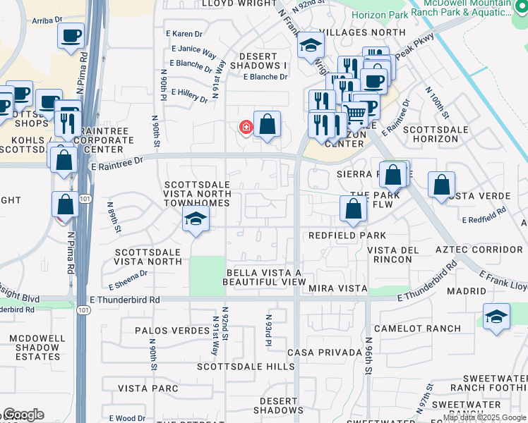 map of restaurants, bars, coffee shops, grocery stores, and more near 9340 East Redfield Road in Scottsdale