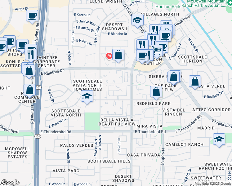 map of restaurants, bars, coffee shops, grocery stores, and more near 9340 East Redfield Road in Scottsdale