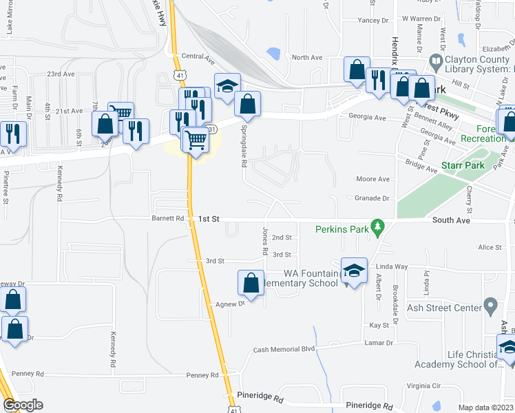 map of restaurants, bars, coffee shops, grocery stores, and more near 327 Kate Drive in Forest Park