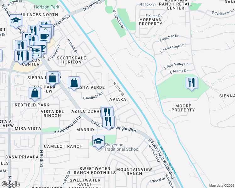 map of restaurants, bars, coffee shops, grocery stores, and more near 10058 East Redfield Drive in Scottsdale