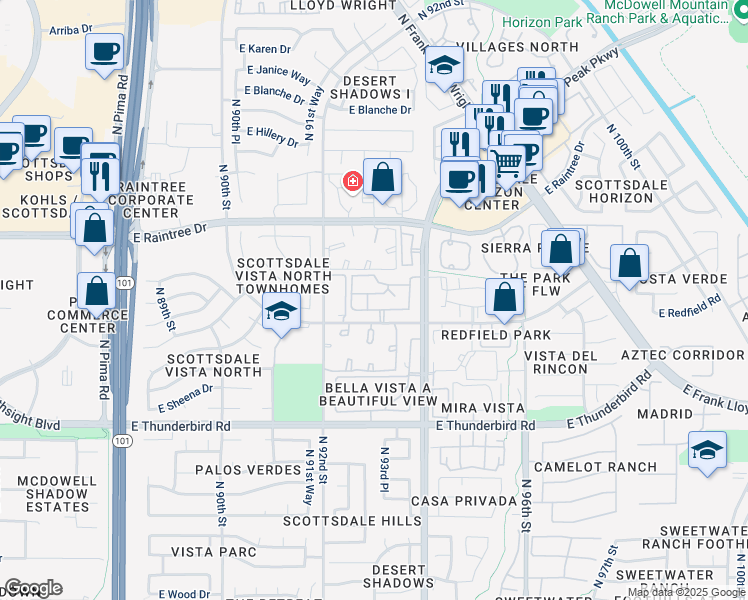 map of restaurants, bars, coffee shops, grocery stores, and more near 9340 East Redfield Road in Scottsdale