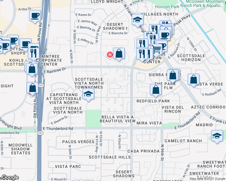 map of restaurants, bars, coffee shops, grocery stores, and more near 9340 East Redfield Road in Scottsdale