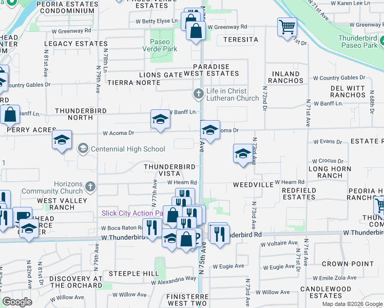 map of restaurants, bars, coffee shops, grocery stores, and more near 7505 West Acoma Drive in Peoria