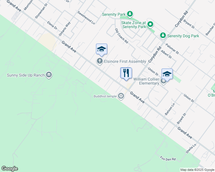 map of restaurants, bars, coffee shops, grocery stores, and more near 19841 Grand Avenue in Lake Elsinore