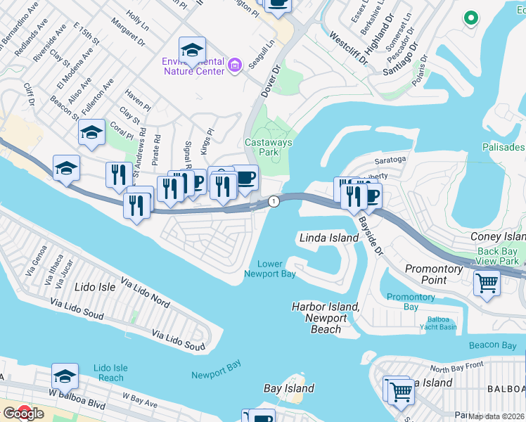 map of restaurants, bars, coffee shops, grocery stores, and more near 1 East Coast Highway in Newport Beach
