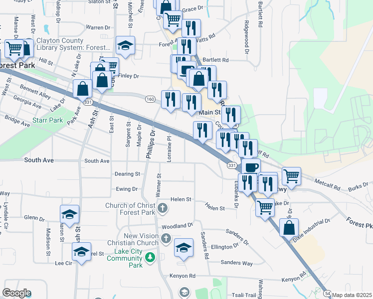 map of restaurants, bars, coffee shops, grocery stores, and more near 1113 Forest Parkway in Forest Park