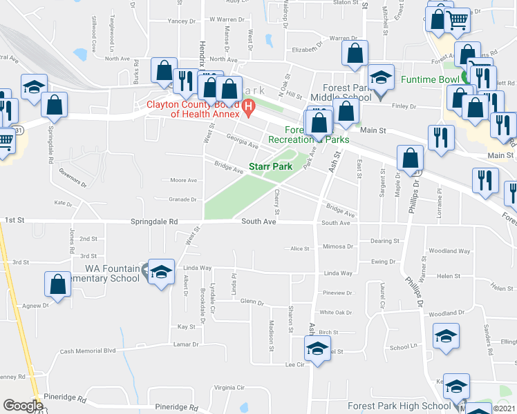 map of restaurants, bars, coffee shops, grocery stores, and more near 5074 Park Avenue in Forest Park