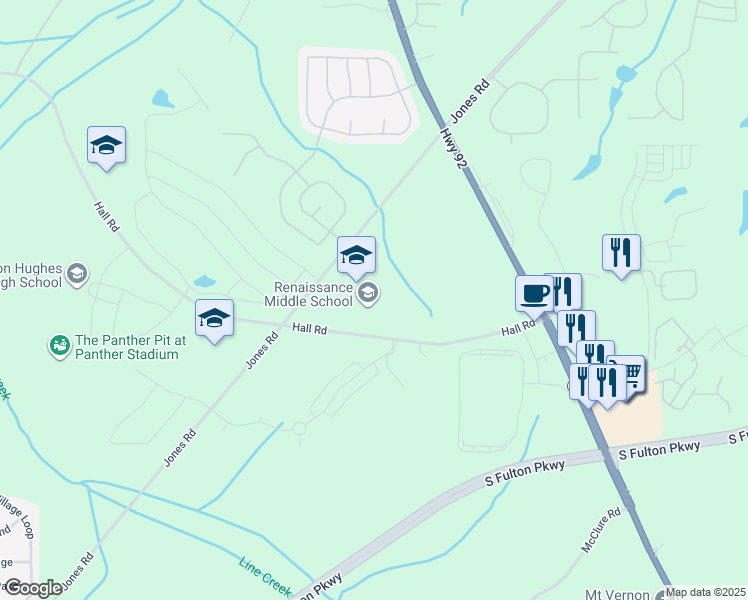 map of restaurants, bars, coffee shops, grocery stores, and more near 7200 Hall Road in Fairburn