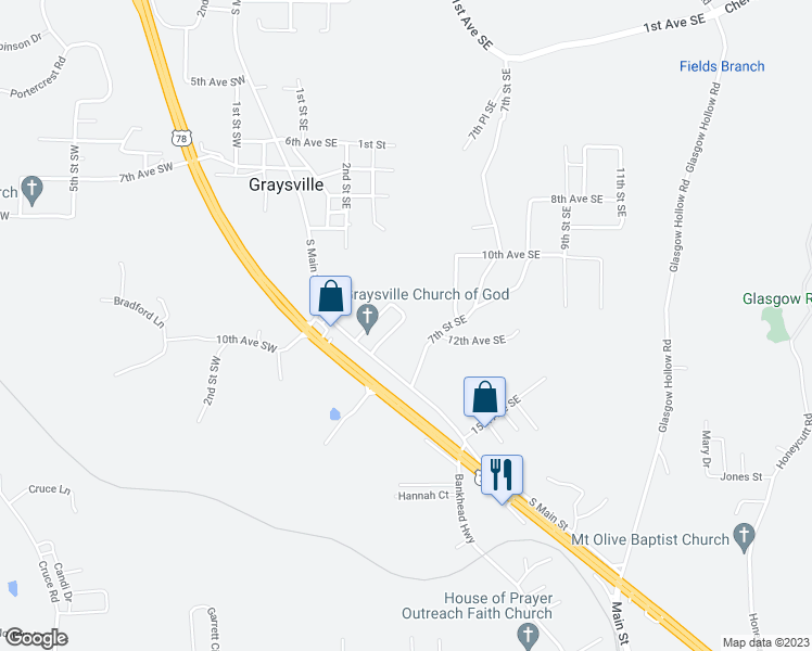 map of restaurants, bars, coffee shops, grocery stores, and more near 230 12th Avenue Southeast in Graysville