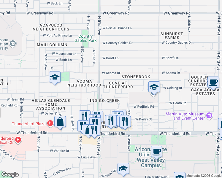 map of restaurants, bars, coffee shops, grocery stores, and more near 14243 North 50th Drive in Glendale