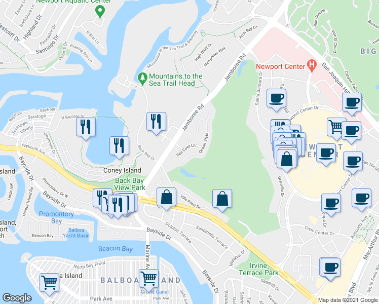 map of restaurants, bars, coffee shops, grocery stores, and more near 31 Ocean Vista in Newport Beach