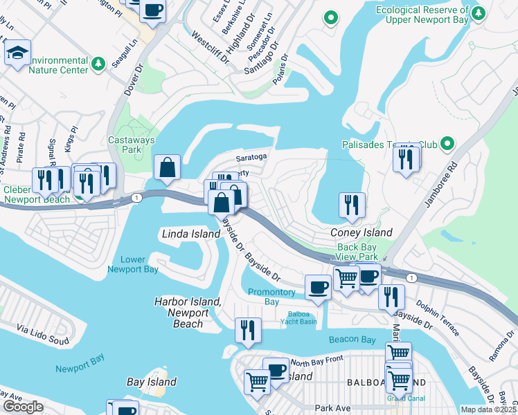 map of restaurants, bars, coffee shops, grocery stores, and more near 312 Concord Lane in Newport Beach