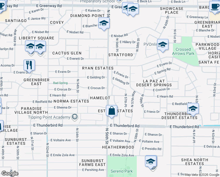 map of restaurants, bars, coffee shops, grocery stores, and more near 14242 North 56th Place in Scottsdale