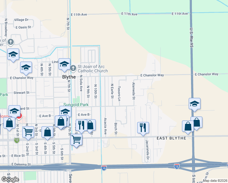 map of restaurants, bars, coffee shops, grocery stores, and more near 396 North Earle Street in Blythe