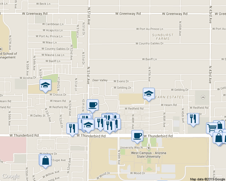 map of restaurants, bars, coffee shops, grocery stores, and more near 14243 North 49th Drive in Glendale