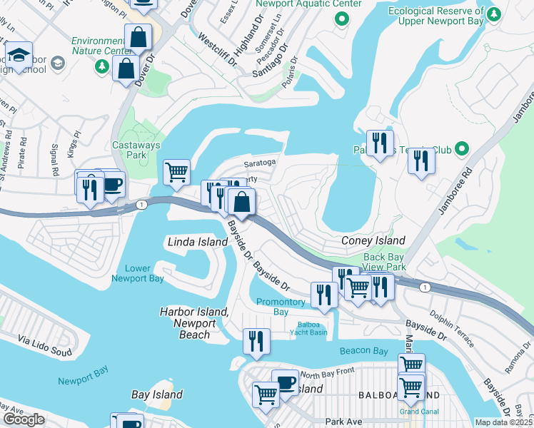 map of restaurants, bars, coffee shops, grocery stores, and more near 312 Concord Lane in Newport Beach