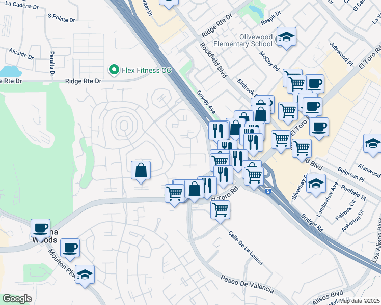 map of restaurants, bars, coffee shops, grocery stores, and more near 2079 Ronda Granada in Laguna Woods