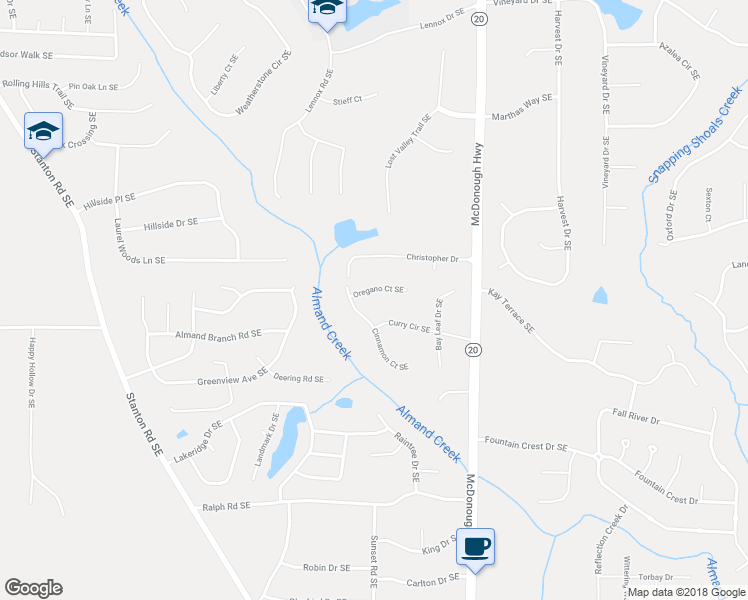 map of restaurants, bars, coffee shops, grocery stores, and more near 905 Oregano Court Southeast in Conyers