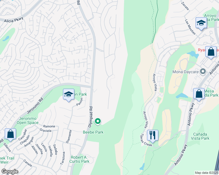 map of restaurants, bars, coffee shops, grocery stores, and more near 23858 Skyline in Mission Viejo