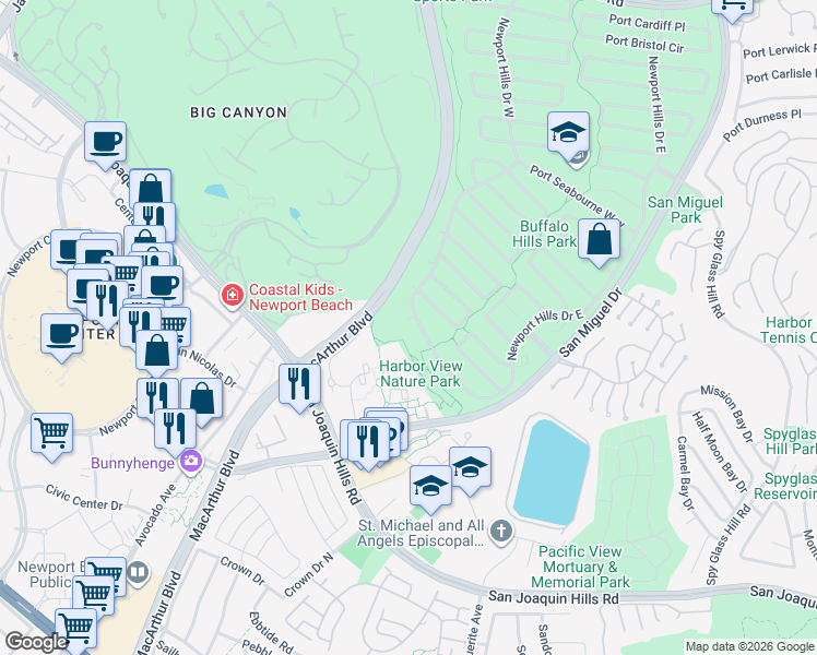 map of restaurants, bars, coffee shops, grocery stores, and more near 1737 Port Hemley Circle in Newport Beach