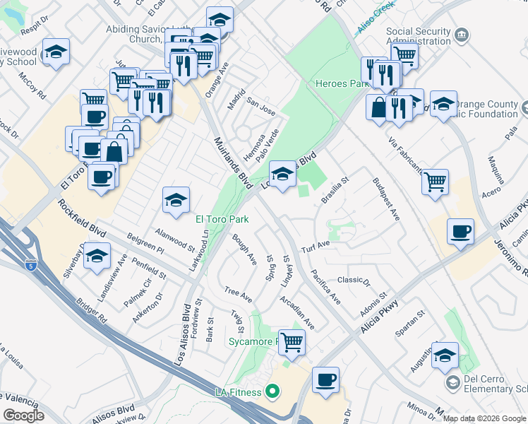 map of restaurants, bars, coffee shops, grocery stores, and more near 25171 Moor Avenue in Mission Viejo