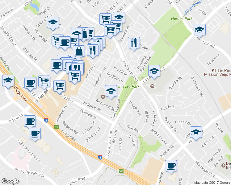 map of restaurants, bars, coffee shops, grocery stores, and more near 23862 Palmek Circle in Lake Forest