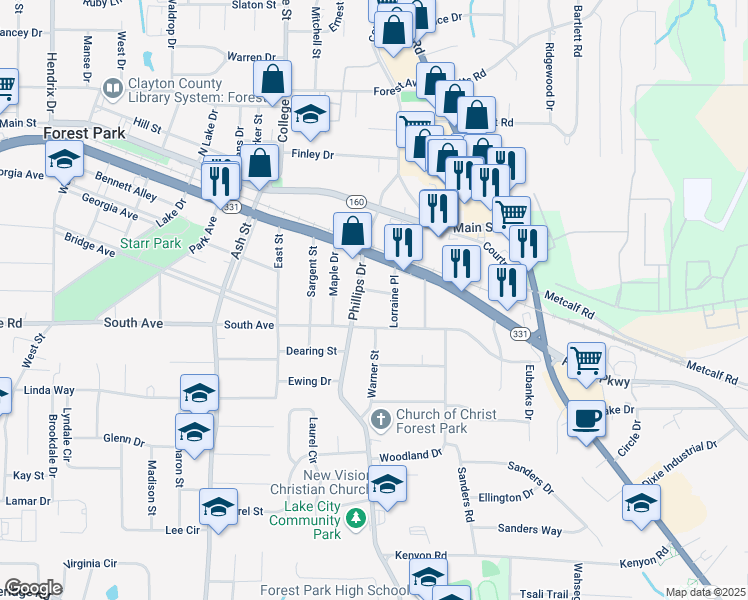 map of restaurants, bars, coffee shops, grocery stores, and more near 1025 Cheaves Drive in Forest Park