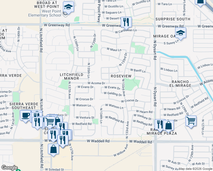 map of restaurants, bars, coffee shops, grocery stores, and more near 13446 West Evans Drive in Surprise